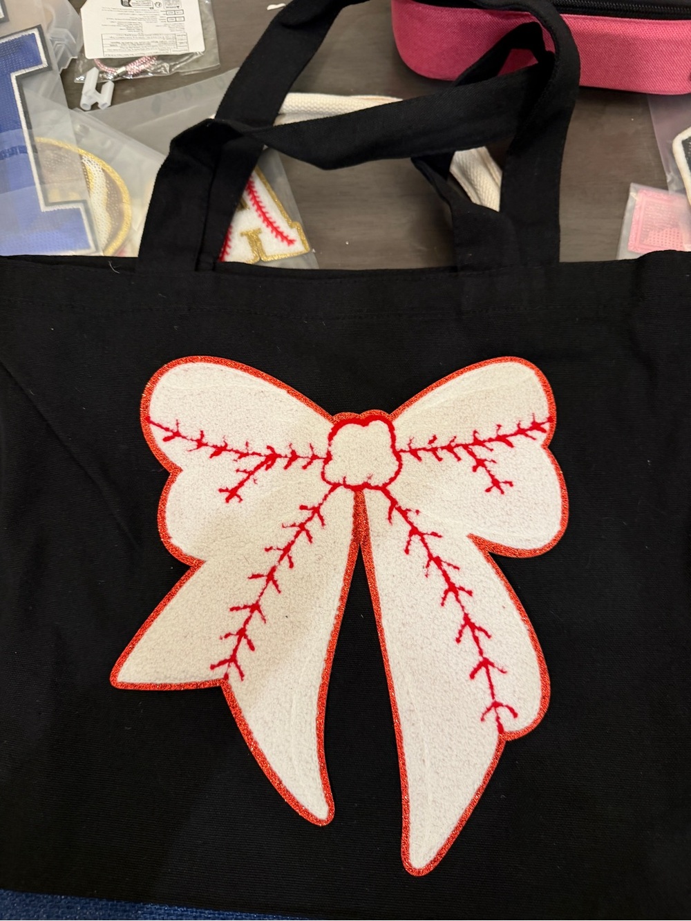 Black Canvas Tote with White & Red Bow Applique